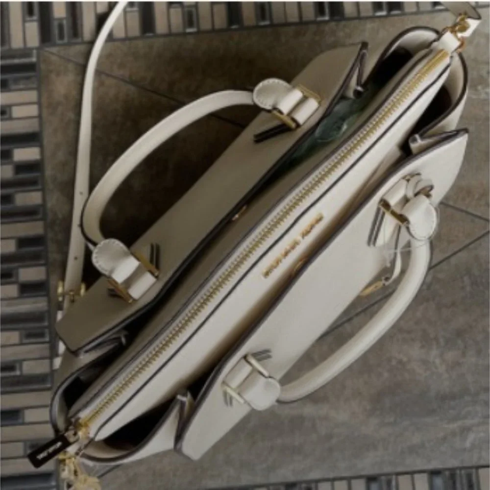 Michael Kors Daria Large Satchel Bag Leather Light Cream